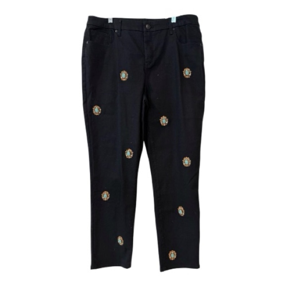 🆕 Chico's so slimming slim leg ankle black jeans turquoise medallion *NWT* $129